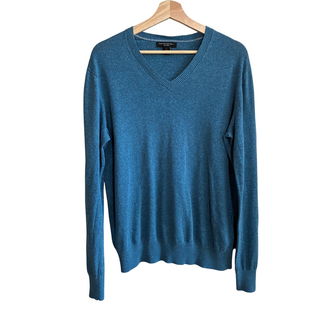 Banana Republic Silk Linen V-Neck Sweater Large Teal Blue Mens Lightweight Knit